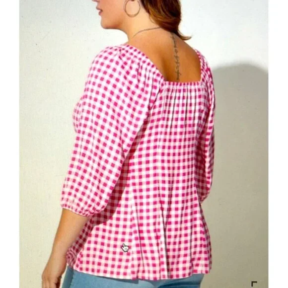 New Torrid Fit & Flare Button Up 3/4 Sleeve Pink Gingham Top Size 2X - Picture 5 of 11